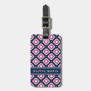 Blue Pink Ikat Mod Pattern with Name Luggage Tag