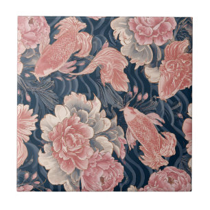 Blue Pink Koi Chinoiserie Floral Pattern Tile