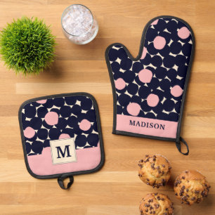 Blue & Pink Large Dot Pattern Oven Mitt & Pot Holder Set