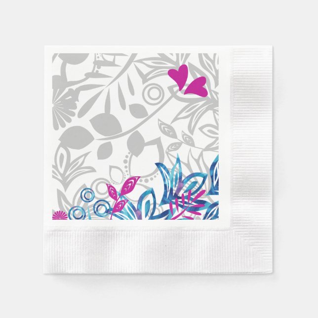 Blue, Pink, Light Grey Floral Paper Napkins (Front)