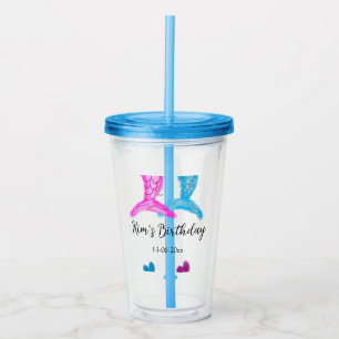 blue pink mermaid watercolor add name birthday  acrylic tumbler