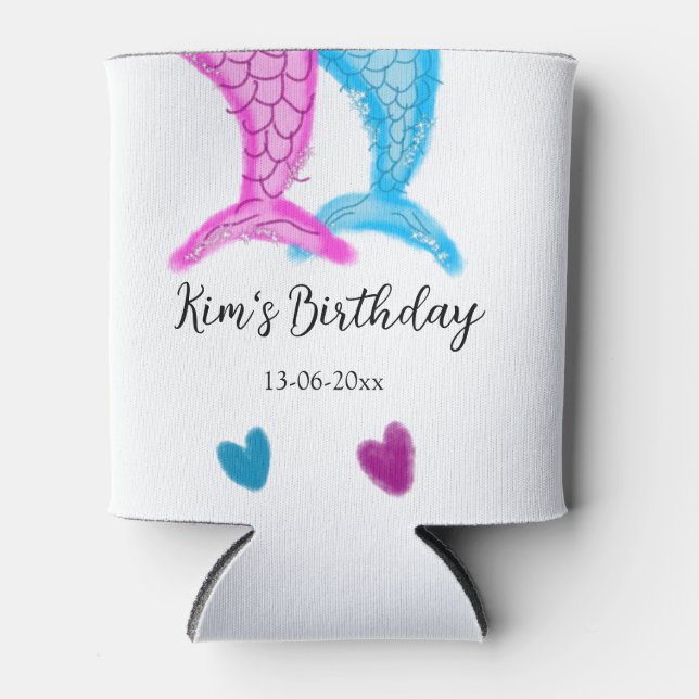 blue pink mermaid watercolor add name birthday  can cooler (Front)