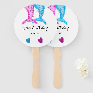 blue pink mermaid watercolor add name birthday  hand fan