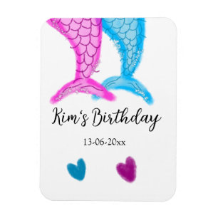 blue pink mermaid watercolor add name birthday magnet