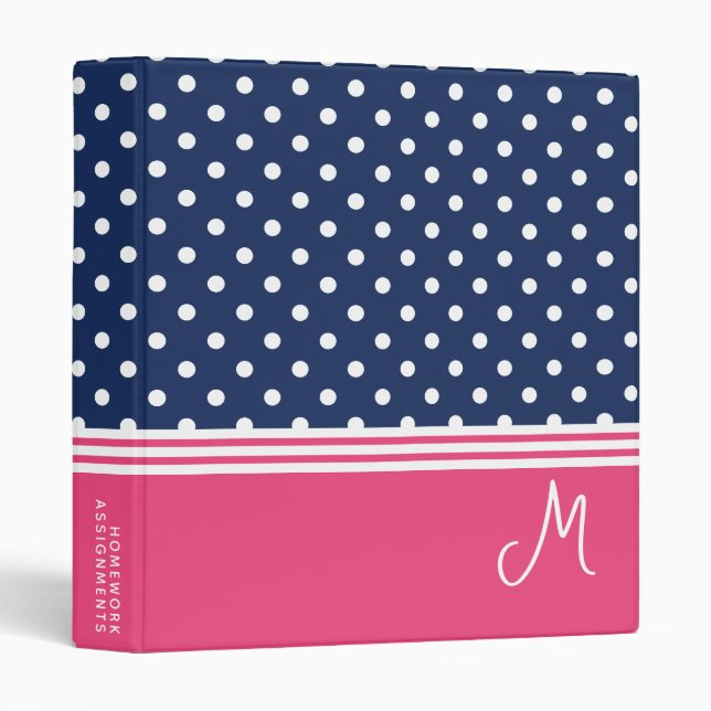 Blue Pink Monogram Polka Dot Spotty Binder (Front/Spine)