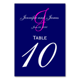 Blue Pink Monogram Wedding Table Number Card