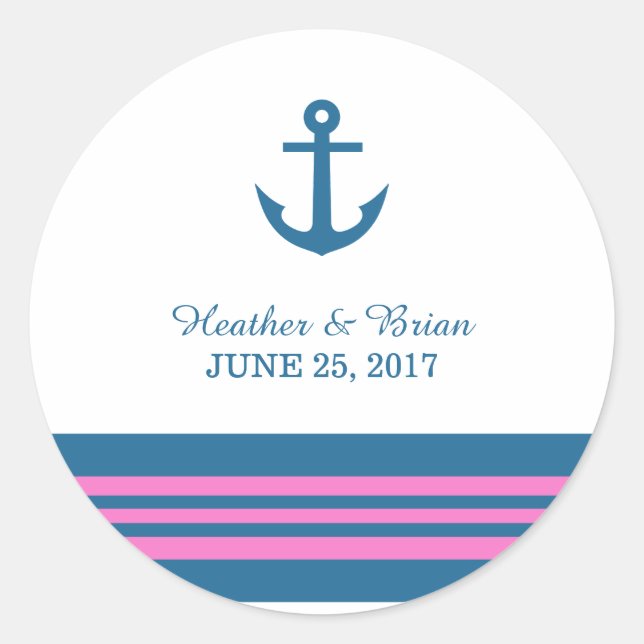 Blue Pink Nautical Anchor Wedding Stickers (Front)