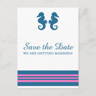 Blue Pink Nautical Seahorse Save the Date Announcement Postcard