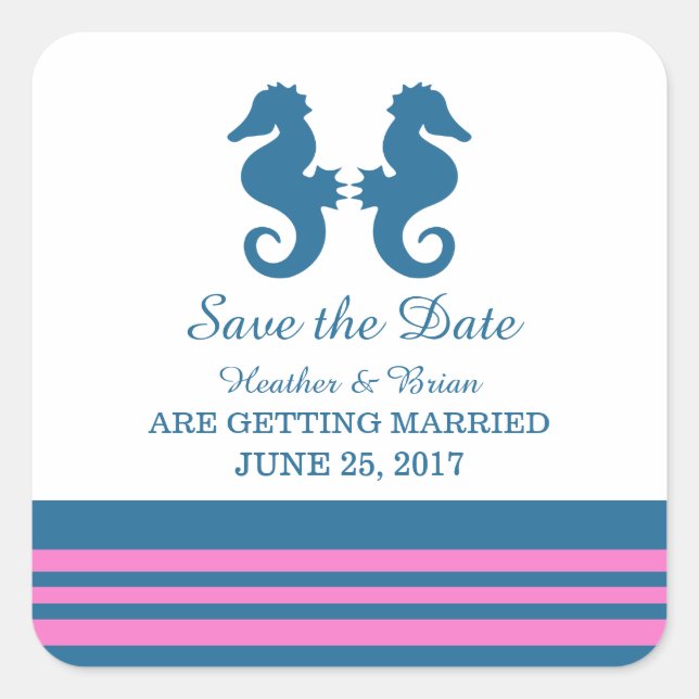 Blue Pink Nautical Seahorse Save the Date Square Sticker (Front)
