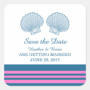 Blue Pink Nautical Seashells Save the Date Square Sticker
