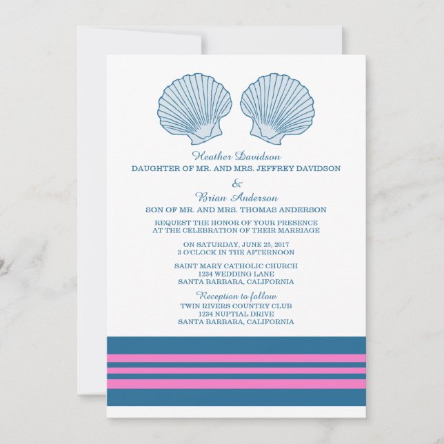 Blue Pink Nautical Seashells Wedding Invite (Front)