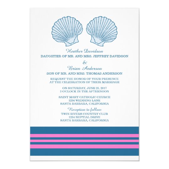Blue Pink Nautical Seashells Wedding Invite