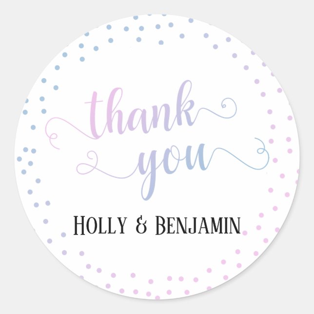 Blue Pink Ombre Confetti Typography Thank You Classic Round Sticker (Front)