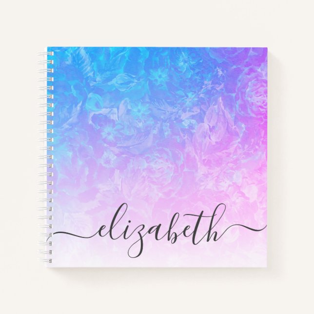 Blue Pink Ombre Floral Girly Font Name Notebook (Front)