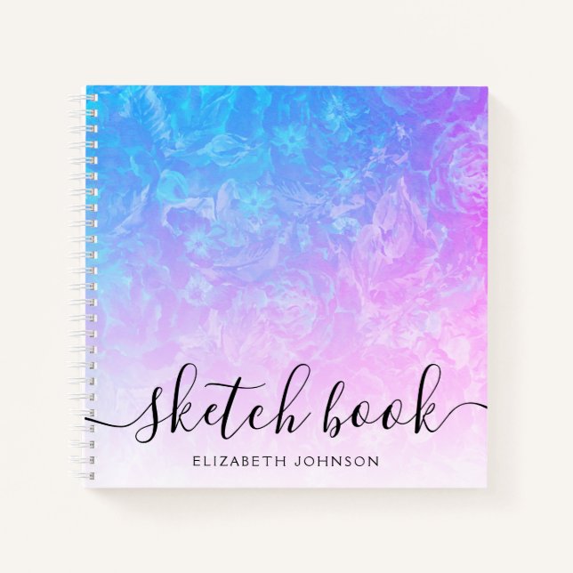 Blue Pink Ombre Floral Girly  Name Sketchbook Notebook (Front)