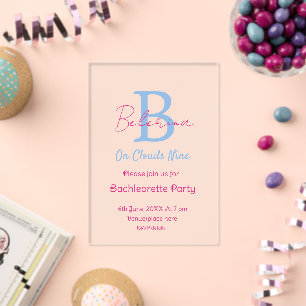 blue pink on clouds nine monogram bachelorette par acrylic invitations