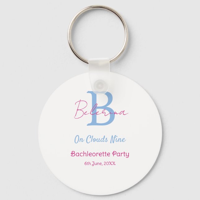 blue pink on clouds nine monogram bachelorette par keychain (Front)