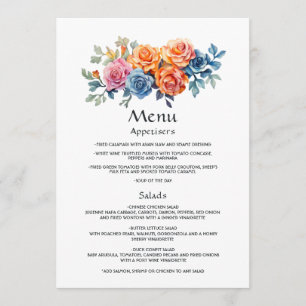 Blue, Pink, Orange, and Green Floral Wedding Menu