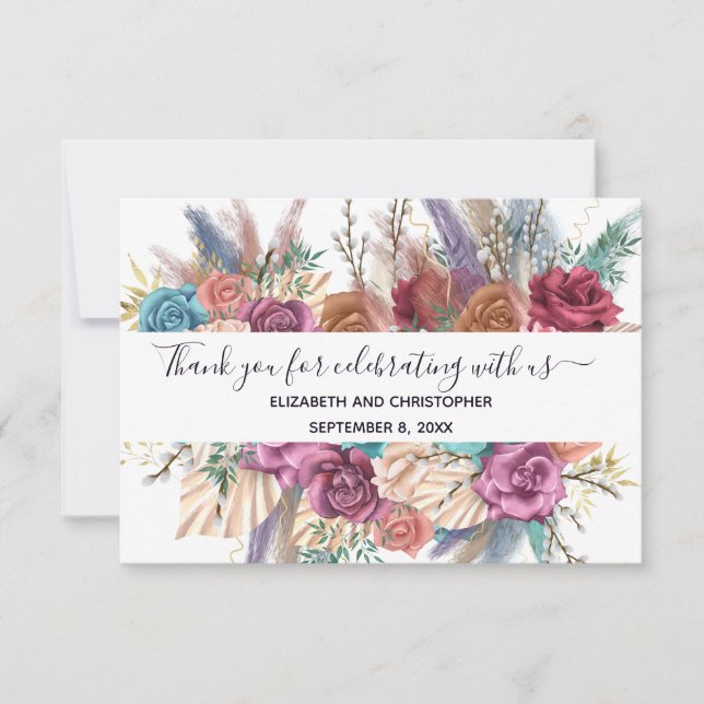 Blue Pink Peach Floral Calligraphy Wedding  Thank You Card (Front)