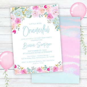 Blue Pink Peach Floral Onederful Birthday Invitation