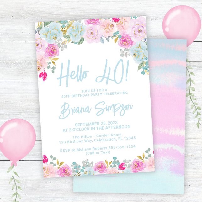 Blue Pink Peach Purple Floral 40th Birthday Party Invitation (Creator Uploaded)