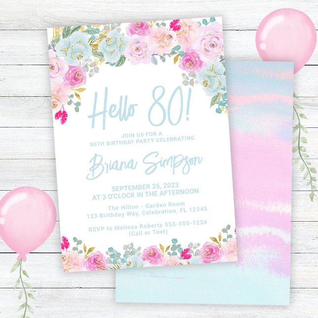 Blue Pink Peach Purple Floral 80th Birthday Party Invitation (Creator Uploaded)
