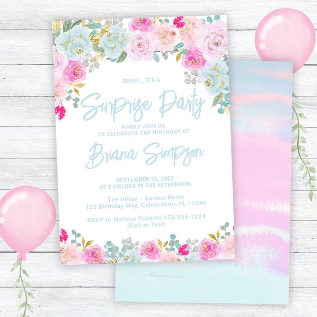 Blue Pink Peach Purple Floral Surprise Party Invitation (Creator Uploaded)