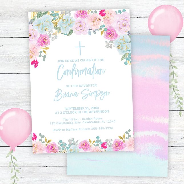 Blue Pink Peach Purple Flowers Floral Confirmation Invitation (Creator Uploaded)