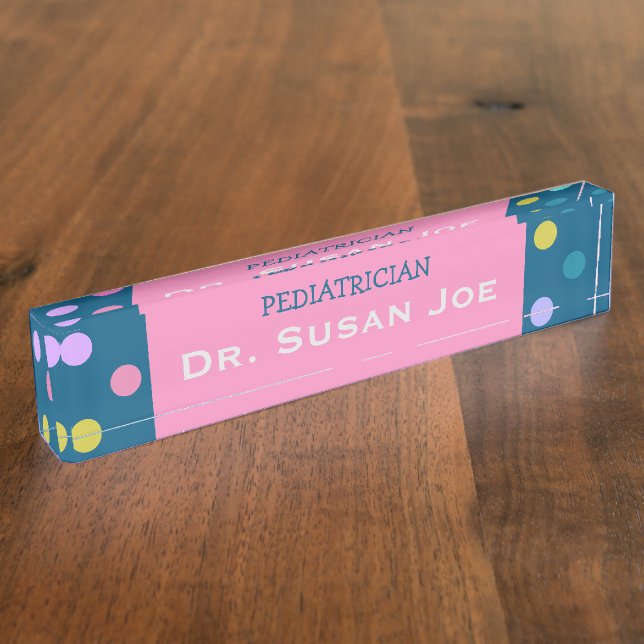 Blue pink pediatrician name plate colourful dots (Side)