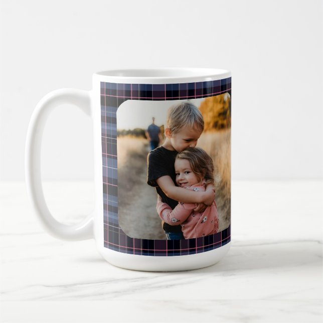 Blue Pink Plaid 1-Photo Custom Holiday Gift Script Coffee Mug (Left)