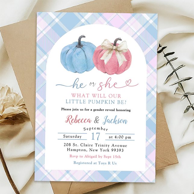 Blue Pink Preppy Gingham Pumpkin Gender Reveal Invitation (Creator Uploaded)