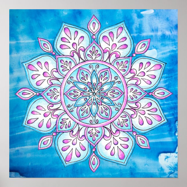 Blue Pink Purple Enchanted Watercolor Mandala  Poster (Front)