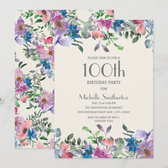 Blue Pink Purple Floral Women's 100th Birthday Invitation (Front/Back)