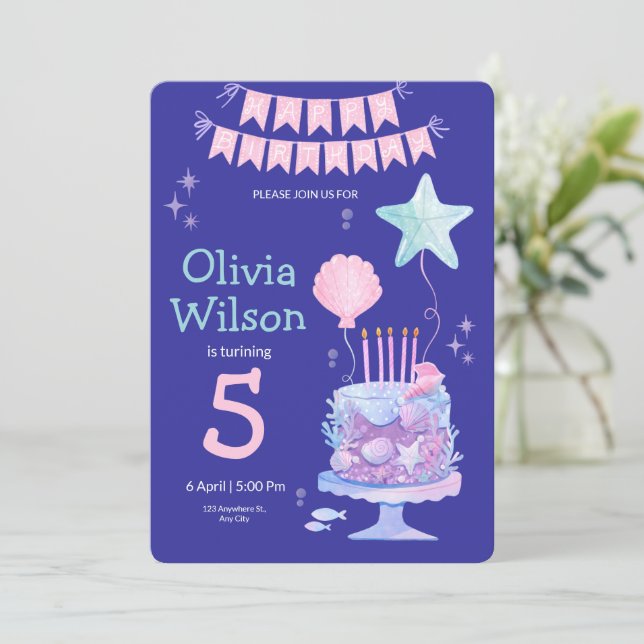 Blue Pink Purple Minimalist Birthday Party  Invitation (Standing Front)