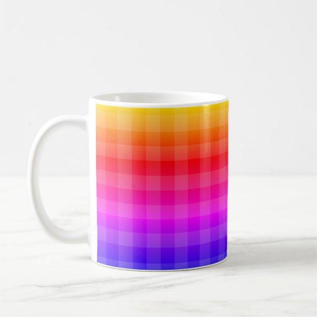Blue pink purple red orange yellow plaid pattern coffee mug (Left)