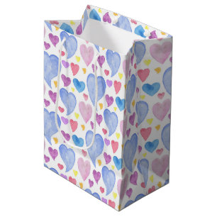 BLUE PINK PURPLE WATERCOLOR HEARTS MEDIUM GIFT BAG