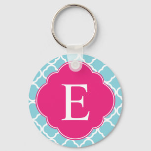Blue Pink Quatrefoil Monogram Keychain