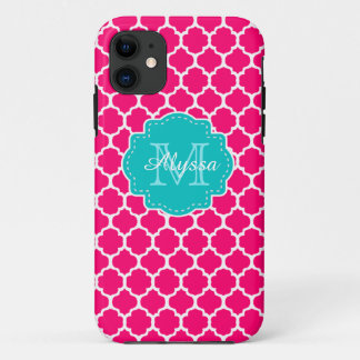 Blue Pink Quatrefoil Personalized iPhone 11 Case