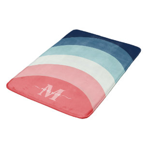 Blue Pink Rainbow Curve Stripes Monogram Name Bath Mat