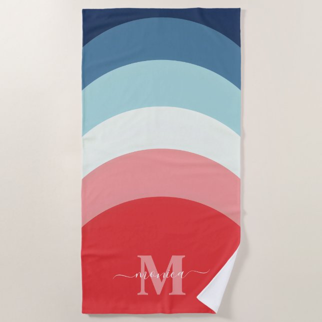 Blue Pink Rainbow Curve Stripes Monogram Name Beach Towel (Front)