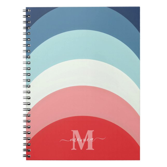 Blue Pink Rainbow Curve Stripes Monogram Name Notebook (Front)