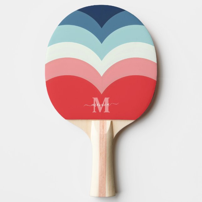 Blue Pink Rainbow Curve Stripes Monogram Name Ping Pong Paddle (Front)