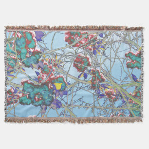 Blue pink red black abstract floral design throw blanket