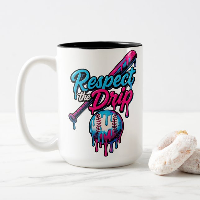Blue Pink Respect The Drip Baseball Two-Tone Coffee Mug (With Donut)
