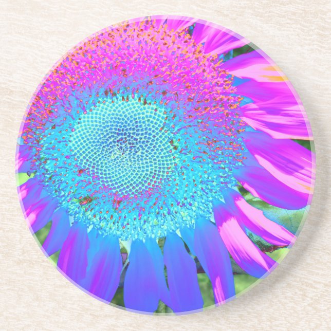 Blue pink retro funky sunflower photo coaster (Front)