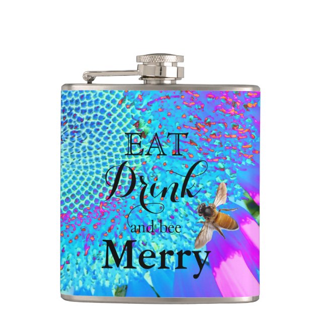 Blue pink retro funky sunflower photo hip flask (Front)