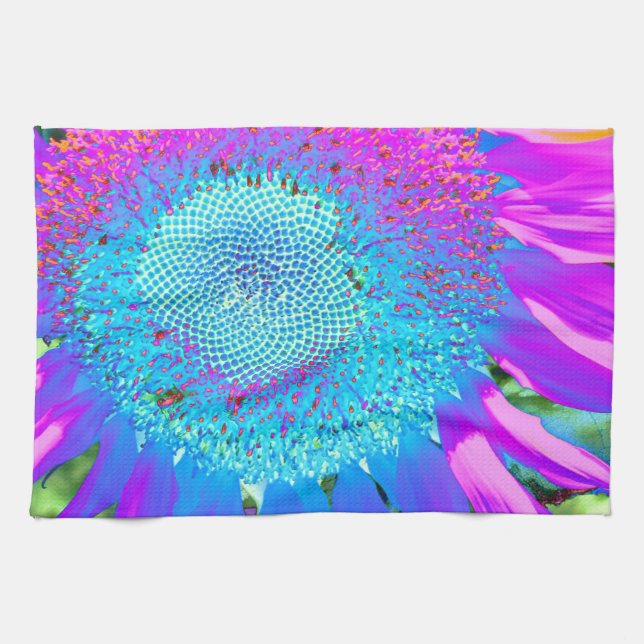 Blue pink retro funky sunflower photo kitchen towel (Horizontal)