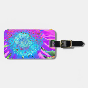 Blue pink retro funky sunflower photo luggage tag