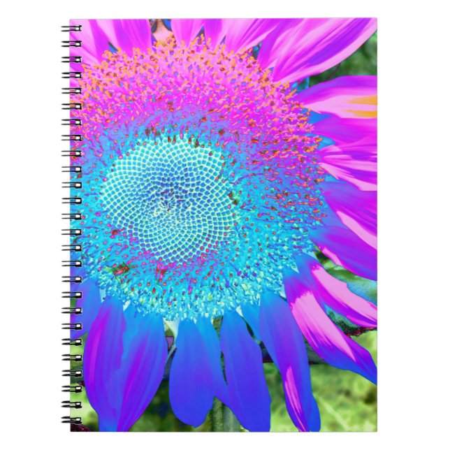 Blue pink retro funky sunflower photo notebook (Front)