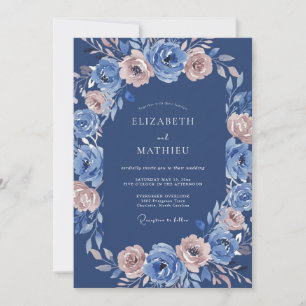 Blue Pink Romantic Floral Flourish Wedding Invitation